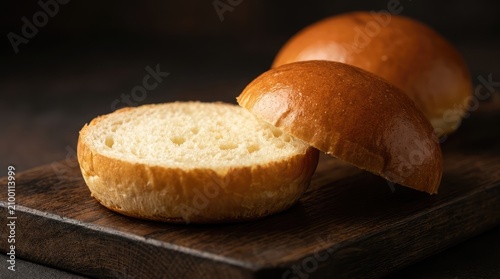 Close up of freshly baked burger bun cut in half showing soft white interior on cutting board.