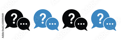 Speech bubble icon collection with black and blue variations for conversation chat communication questions and messaging concepts