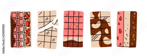 Foto Flat design Neapolitan chocolate bar collection, strawberry square, plain white,