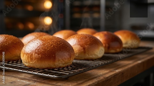 Golden brioche buns steaming on wire rack, ready to eat, set against rustic wooden table backdrop.