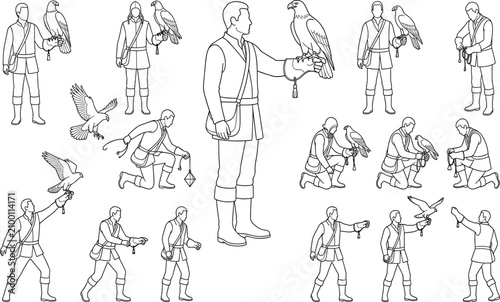Tableau sur toile Vector line art illustration of traditional falconers training and handling hunt