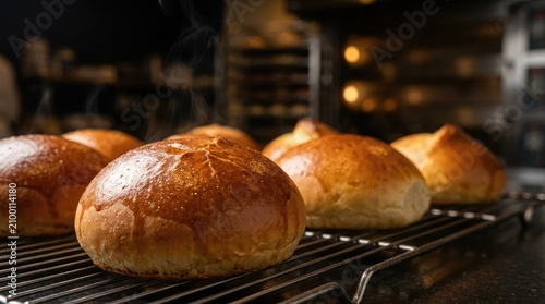 Close up of steaming brioche buns arranged on wire cooling rack in warm bakery ambiance.