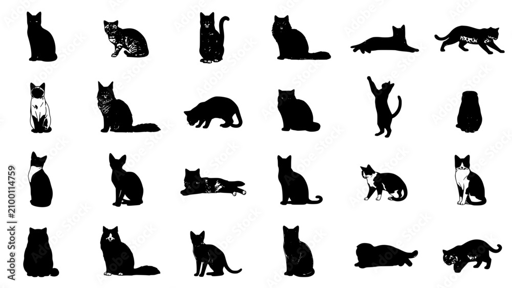 Fototapeta premium Cats in Various Poses and Patterns in Black Silhouettes Featuring Cat, Silhouette, White with Pattern and Pose Elements