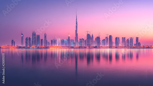 Modern urban skyline with iconic tower reflected in calm water at twilight with captures breathtaking twilight cityscape featuring ultra tall skyscraper dominating modern skyline