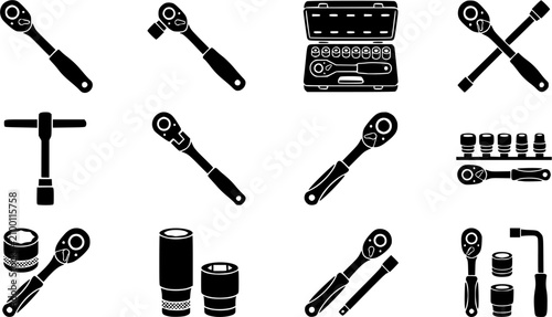 Socket Set & Ratchet silhouette icon set, flat black glyph style, pure white background