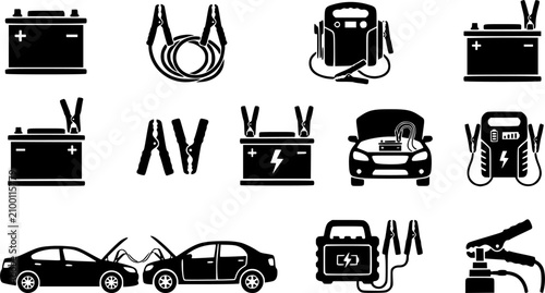 Battery & Jump Start silhouette icon set, flat black glyph style, pure white background
