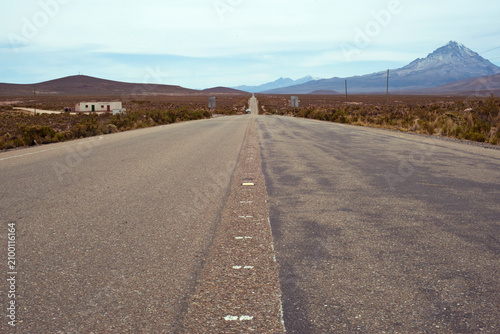 Tarmac road towards volcano Sajama, Sajama National Park, Bolivia