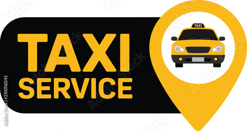 Fotografía Taxi service logo, location pin icon with yellow car for ride hailing, transportation branding, urban mobility, navigation services and travel applications