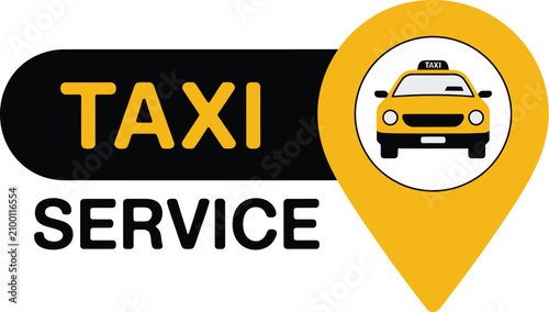 Foto Taxi location icon, yellow car inside map pin symbol for transportation services, ride booking, urban mobility, navigation apps and travel platforms