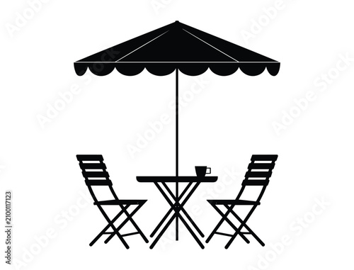 Canvastavla Outdoor Cafe Setup: A charming bistro set with an umbrella and two chairs, perfect for alfresco dining