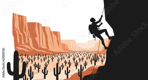 Photos Rock climber ascending a steep cliff face in a desert canyon