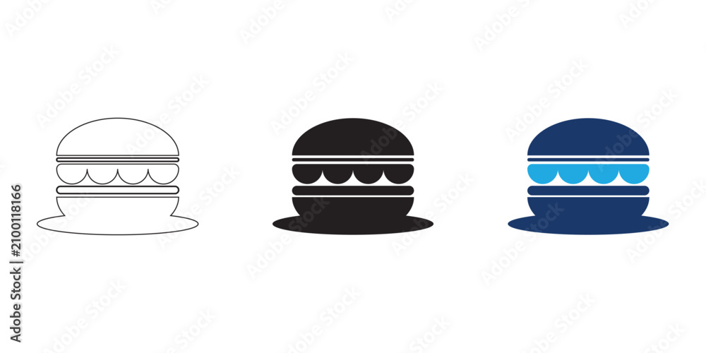 Fototapeta premium Three Minimalist Burger Icons Presented In Outline Solid And Colored Styles