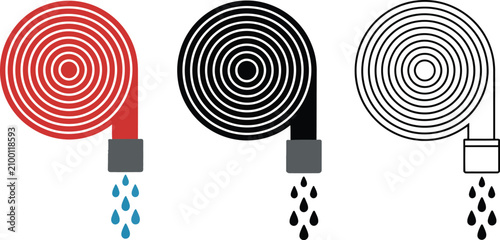 Fotografie Water hose icons, flexible garden hose symbols for irrigation, landscaping, lawn care, plumbing, outdoor maintenance, web interfaces and mobile applications