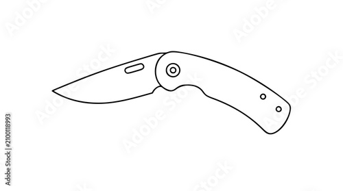 Foto A sturdy folding pocket knife illustrated in crisp black and white line art, suitable for wilderness expedition logos, hunting club materials, or masculine product packaging