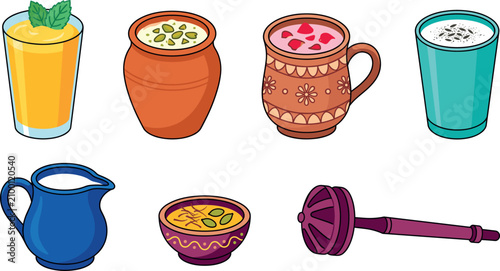 Fotografie Traditional Indian lassi beverage vector set with mango yogurt drinks clay pots