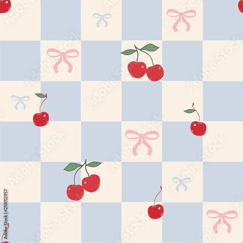 Blue plaid vibrant cherry and bows seamless fabric design blue pattern.eps
