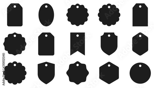 Vászonkép Collection of black tag silhouettes with various shapes and hole punches on a wh