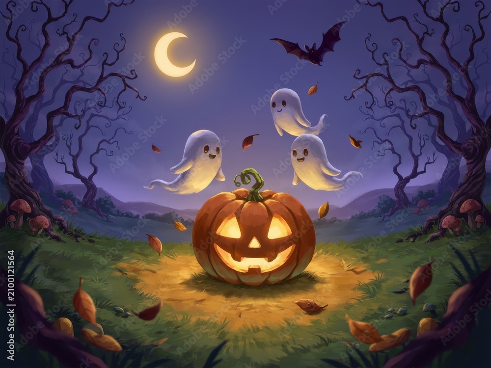 Fototapeta premium Halloween jack o lantern with bats and moon in spooky field