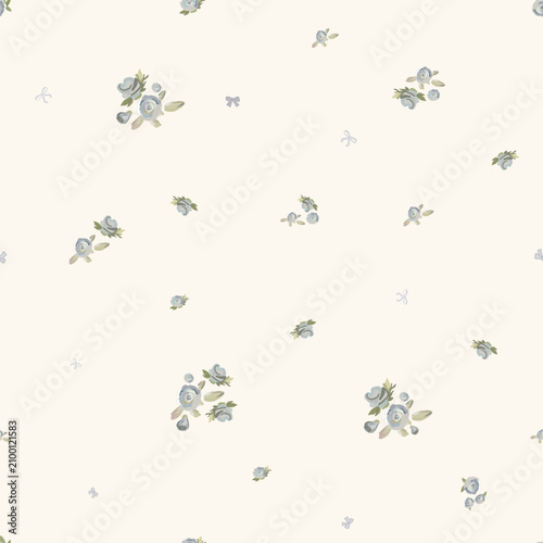 Blue roses ditsy and bows seamless fabric design pattern.eps