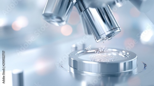 Precision microscope objective analyzing micro crystals on stage for advanced materials testing and laboratory background design for scientific research
