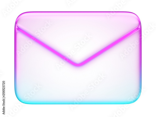 Pastel holographic envelope icon with smooth pink and cyan neon soft gradient. Translucent fluid glossy design element suited for email communication and inbox mail button