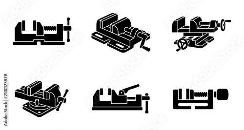 Slika na platnu Industrial Vise Icons Set, Workshop Clamps, Metalworking Tools, Engineering Equi