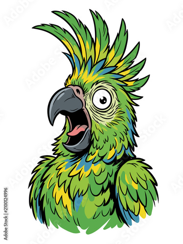 Cuadro en lienzo Funny green parrot cartoon character squawking