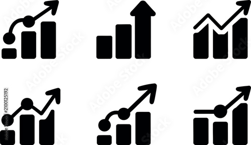 Six upward growth trend icons with bar charts and arrows