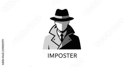 Minimalist black and white vector icon of an imposter, a mysterious man in a fedora hat and trench coat. Conceptual design.