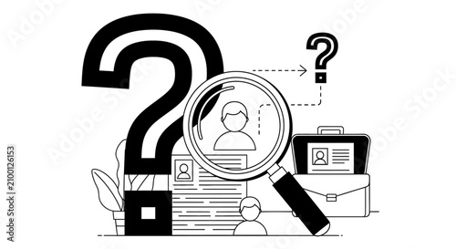 Job search and recruitment concept. Minimalist black and white illustration of a magnifying glass examining a candidate resume and a briefcase.