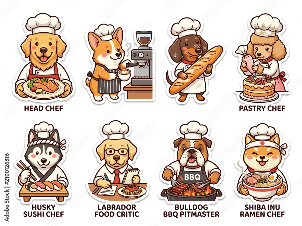 Obraz premium Adorable collection of kawaii dog chefs, each mastering diverse culinary arts, from sushi and baking to BBQ and ramen, presented as charming sticker illustrations