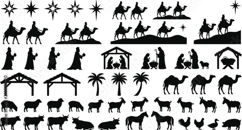 Cuadro en lienzo Nativity Scene Silhouette Vector Bundle with Christmas Manger, Wise Men and Farm