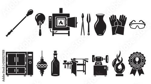 Glassblowing equipment icons set, professional glass artist tools and furnace vector, handmade glass blowing workshop symbols