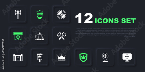 Photos Set Crusade, King crown, Shield with, Medieval flag, and icon