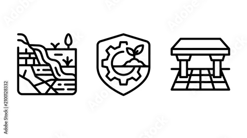 Environmental engineering and infrastructure outline icon set with environment engineering infrastructure protection landscape structure industrial management development conservation