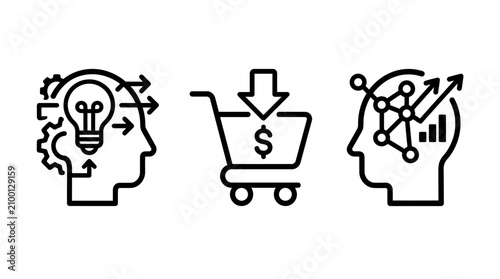 Collection of business concept icons including creative mindset purchasing process strategic growth analysis business purchasing analysis creativity shopping strategy lightbulb marketing