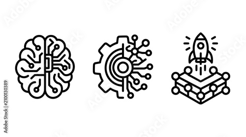 Artificial intelligence concepts set featuring digital brain gear mechanism and startup rocket innovation icons artificial intelligence mechanism innovation technology automation development
