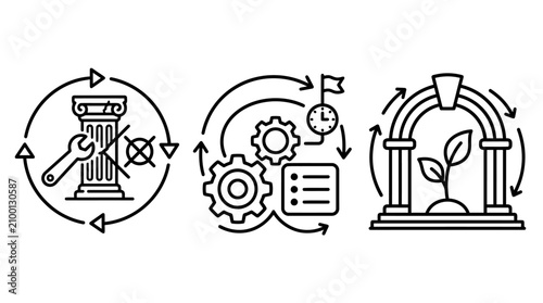Sustainable growth and infrastructure management icons with sustainability infrastructure management maintenance development innovation environmental optimization business restoration