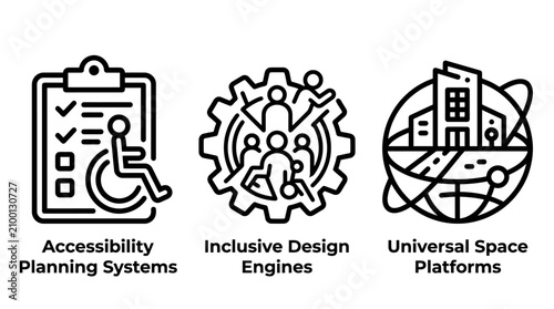 Accessibility planning systems inclusive design engines universal space platforms linear icons set with accessibility planning inclusive universal disabled wheelchair community architecture