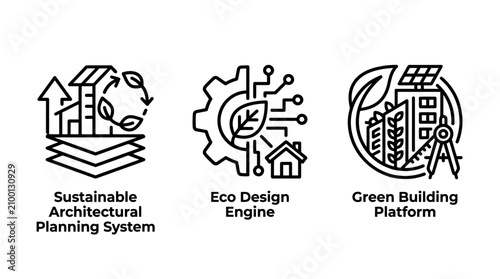Sustainable architecture and eco friendly design icons with sustainable architecture building environment planning efficiency construction technology structure development renewable