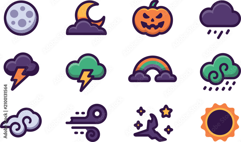Fototapeta premium Set of halloween weather featuring a moon, jack-o-lantern, storm clouds, lightning, rainbow, wind, and stars, isolated on a white background, in a flat style