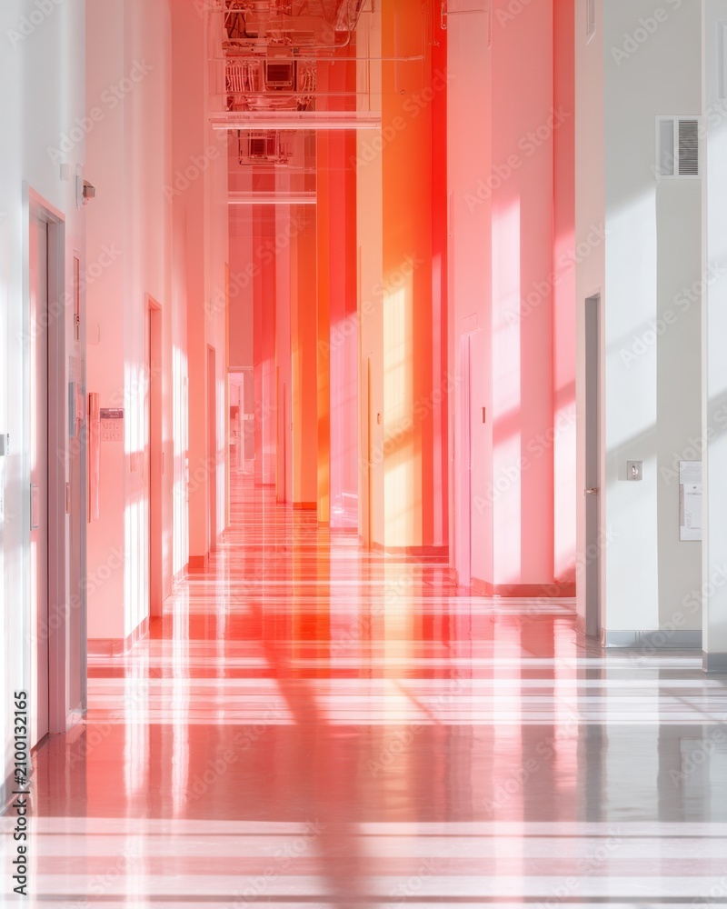 Fototapeta premium Colorful pink and orange hallway with reflective floor and vertical panels for modern interior design background and architectural concept