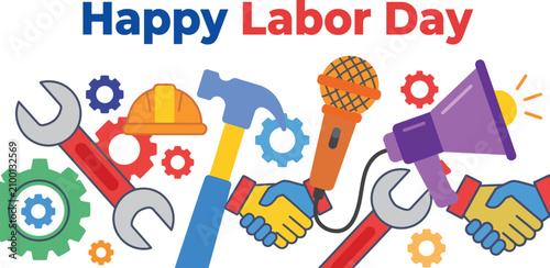 Happy Labor Day horizontal background layout with handshaking gloves and labor tools border
