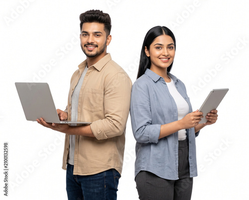 two young university students standing back to back with digital devices representing college admissions online education academic excellence teamwork and future career opportunities