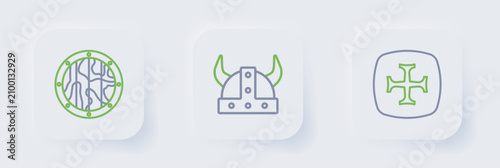 Canvastavla Set line Crusade, Viking in horned helmet and Round wooden shield icon