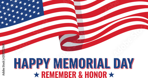 Foto Happy Memorial Day remember and honor horizontal web banner with waving American