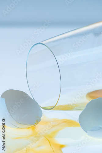 Fotografie Close up of a fallen glass rim positioned between two broken shell fragments, yo