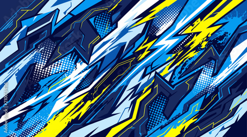 Blue and yellow dynamic racing wrap graphic with geometric shapes