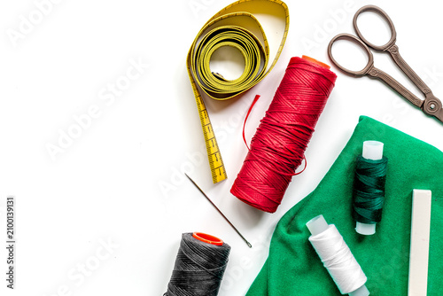 Foto tools for sewing for hobby set on white background top view mock up