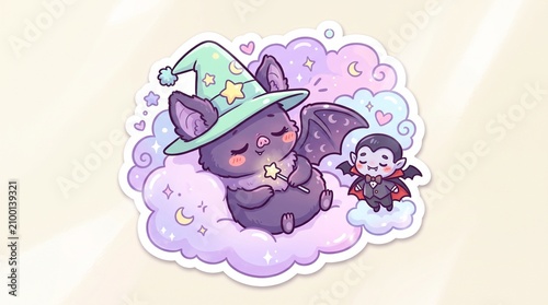Chubby Sleepy Bat Wearing Mint Green Wizard Hat Beside Tiny Dracula Pastel Glossy Sticker